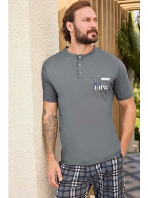 Lodos Store Aydoğan Erkek Süprem Kısa Kollu Ekose Desenli Mottolu Pamuklu Pijama Takımı - Gri