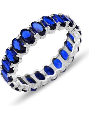 Söğütlü Silver Gümüş Rodyumlu Oval Baget Kesim Safir Taşlı Tamtur Yüzük SGTL12400SAFIR