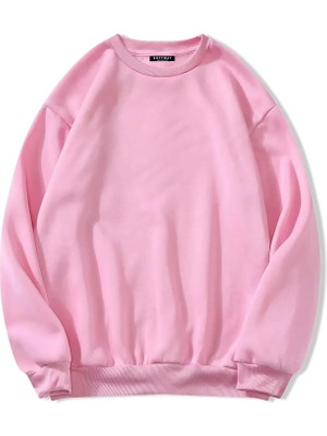 Softway Unisex Oversize Bisiklet Yaka Basic Düz Sweatshirt - Pembe