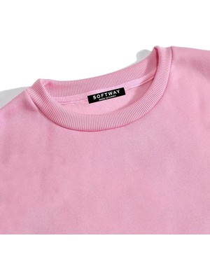 Softway Unisex Oversize Bisiklet Yaka Basic Düz Sweatshirt - Pembe