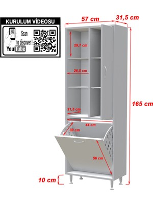 modilayn Inci 57X165 cm Üç Kapaklı Çok Amaçlı Kirli Çamaşır Dolabı Sepetli Banyo Dolabı