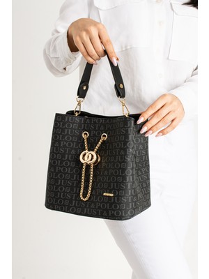Just Polo Siyah Monogram Baskılı Uzun Askılı 3 Bölmeli Kadın El ve Omuz Çantası PBU5602