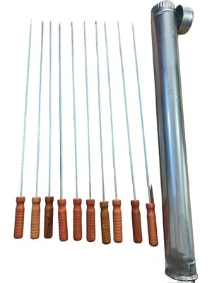 Mobilreyon 10 Adet 55 cm Ahşap Saplı Kare Kuşbaşı Tavuk Şişi + Şiş Kabı
