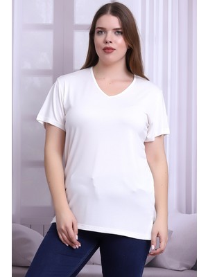 Cotton Mood B21399902 Büyük Beden Viskon V Yaka Kısa Kol Bluz Ekru