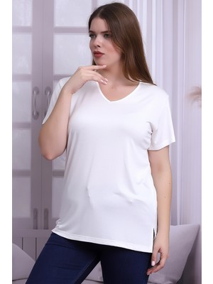 Cotton Mood B21399902 Büyük Beden Viskon V Yaka Kısa Kol Bluz Ekru