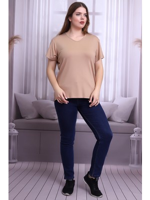 Cotton Mood B21399902 Büyük Beden Viskon V Yaka Kısa Kol Bluz Bisküvi