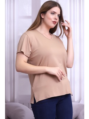 Cotton Mood B21399902 Büyük Beden Viskon V Yaka Kısa Kol Bluz Bisküvi