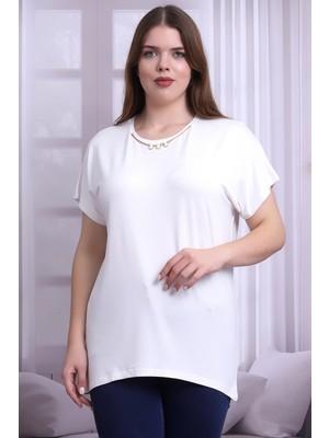 Cotton Mood B21399901 Büyük Beden Viskon Yaka Taş Aksesuar Kısa Kol Bluz Ekru