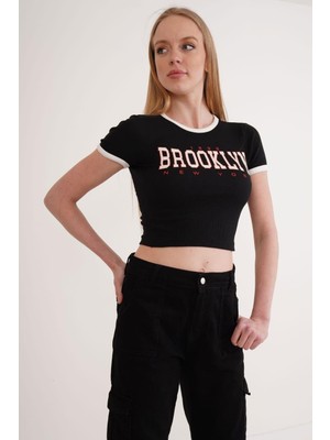 Cotton Mood 23254270 Pam.kaşkors Brooklyn Bsk Garnili Kısa Kol Crop Bluz Sıyah