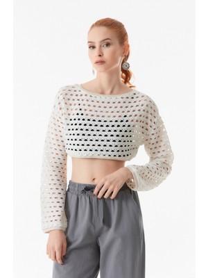 FullaModa Ajurlu Bisiklet Yaka Crop Bluz
