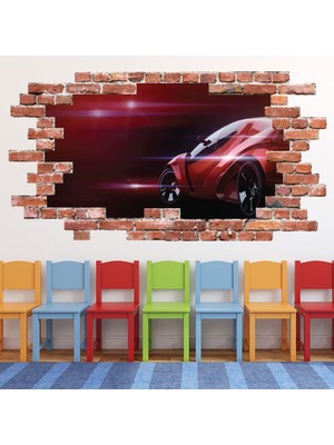 Jeronkarji Kırmızı Spor Araba Kırmızı Tuğla 3D Delik Dekoratif Duvar Sticker Çıkartma Bebek Çocuk Odası