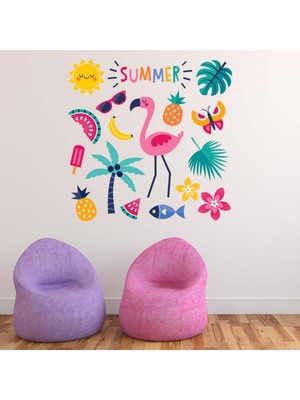 Jeronkarji Yaz Flamingo Palmiye Ağacı Ananas Dekoratif Duvar Çıkartma Seti Ofis Oturma Odası