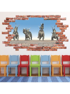 Jeronkarji Triceratops Kırmızı Tuğla 3D Delik Dekoratif Duvar Sticker Çıkartması Bebek Çocuk Odası