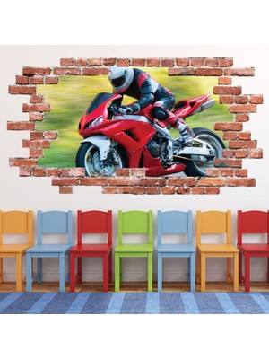 Jeronkarji Kırmızı Spor Motosiklet Kırmızı Tuğla 3D Delik Dekoratif Duvar Sticker Çıkartması Bebek Çocuk Odası