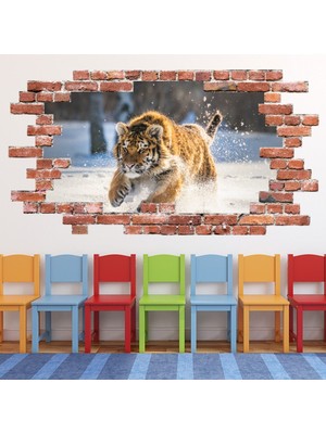 Jeronkarji Sibirya Kaplanı Kırmızı Tuğla 3D Delik Dekoratif Duvar Sticker Çıkartması Bebek Çocuk Odası