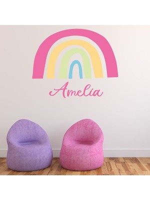Jeronkarji Kişiye Özel Isimli Pembe Gökkuşağı Dekoratif Duvar Sticker Çıkartması Bebek Çocuk Odası