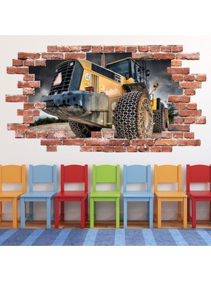 Jeronkarji Sarı Traktör Kırmızı Tuğla 3D Delik Dekoratif Duvar Sticker Çıkartması Bebek Çocuk Odası