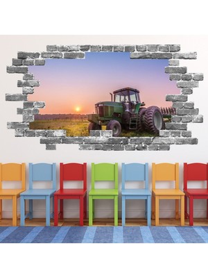 Jeronkarji Yeşil Traktör Gri Tuğla 3D Delik Dekoratif Duvar Sticker Çıkartması Bebek Çocuk Odası