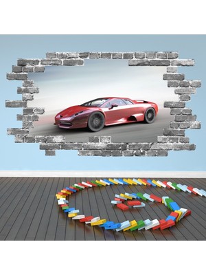 Jeronkarji Kırmızı Yarış Arabası Gri Tuğla 3D Delik Dekoratif Duvar Sticker Çıkartma Bebek Çocuk Odası