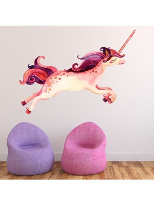 Jeronkarji Dört Nala Koşan Pembe Tek Boynuzlu At Dekoratif Duvar Sticker Çıkartma Bebek Çocuk Odası