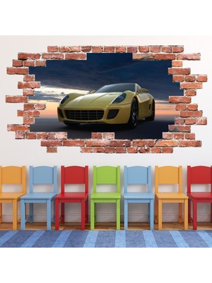 Jeronkarji Sarı Spor Araba Kırmızı Tuğla 3D Delik Dekoratif Duvar Sticker Çıkartması Bebek Çocuk Odası