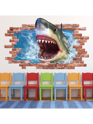 Jeronkarji Köpekbalığı Saldırısı Çeneleri Kırmızı Tuğla 3D Delik Dekoratif Duvar Sticker Çıkartması Bebek