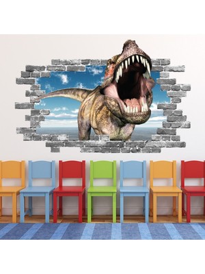 Jeronkarji T-Rex Roar Jurassic Dinozor Gri Tuğla 3D Delik Dekoratif Duvar Sticker Çıkartması Bebek Çocuk Odası