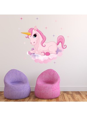 Jeronkarji Tek Boynuzlu At Bulut Dekoratif Duvar Sticker Çıkartma Bebek Çocuk Odası