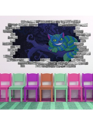 Jeronkarji Cheshire Kedisi Gri Tuğla 3D Delik Dekoratif Duvar Sticker Çıkartması Bebek Çocuk Odası