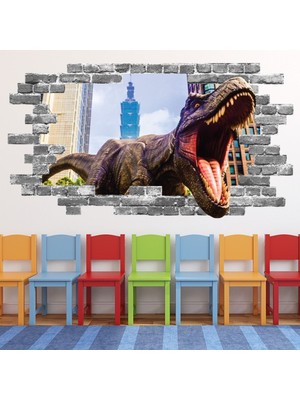 Jeronkarji New York Gri Tuğlada T-Rex Saldırısı Dekoratif Duvarda 3D Delik Sticker Bebek Çocuk Odası