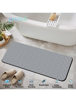 Gri Tuğla Desenli Su Emici, Kaydırmaz Tabanlı, Yıkanabilir Diatom Banyo ve Abdest Paspası - 120 x 40 cm