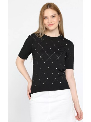 Julude Siyah Kendinden Desenli Taşlı Kadın Bluz P-00011142