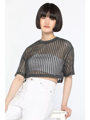 Julude Antrasit Dik Yaka Kısa Kol Kadın Bluz P-00011187