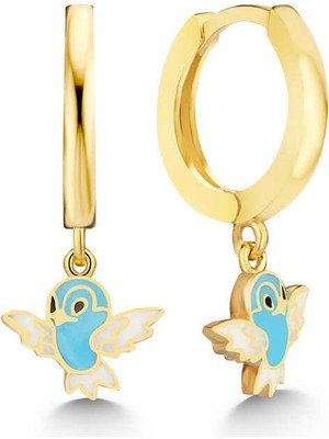 Serra Jewels Gümüş Gold Mavi Renkli Sallantılı Kuş Kadın Küpe