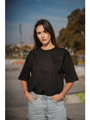 Parshey Oversize Siyah Baskısız T-Shirt