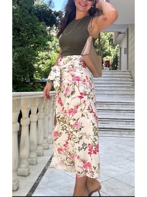 Lasorella Butik Keten Çiçek Desenli Yırtmaçlı Etek