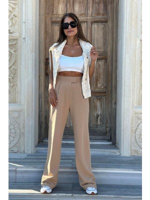 Balenbi 1077 Kadın Likralı Cırt Kapama Bej Palazzo Pantolon