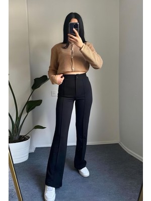 Balenbi 1079 Kadın Siyah Yüksek Bel Toparlayıcı Ispanyol Paça Palazzo Pantolon