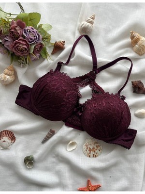 Nivene Kadın Mürdüm Slikon Dolgulu Sırtı Çapraz Dantelli Sütyen