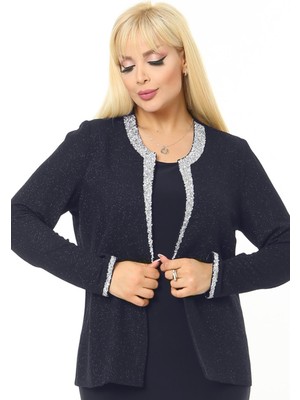 Ladies First Büyük Beden 3728  Abiye Ceket+Atlet İkili Takım Lacivert Gümüş Şık Stil