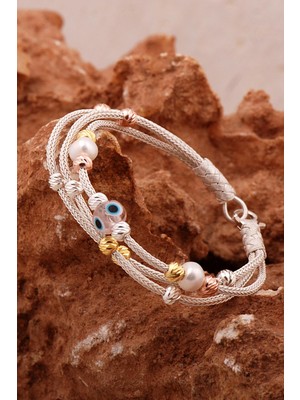 Sümer Telkari Dorika Kazaziye İşlemeli İnci ve Nazar Boncuklu 1000 Ayar Gümüş Bileklik 4596