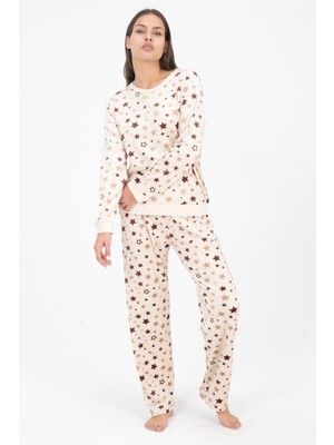Dofi Kadın 1721 Krem Yıldız Desenli Süper Soft Kışlık Yılbaşı Pijama Takımı Yeni Yıl Noel