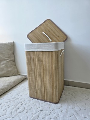 Tbee Design Bambu Çok Amaçlı Kapaklı Sepet (Çamaşır Sepeti, Oyuncak Sepeti) 35 cm X35 cm x 60 cm