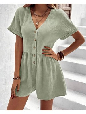 Renga Style Rengastyle Kadın Kısa Kol Düğmeli Ayrobin Kumaş Tulum (Renkli)