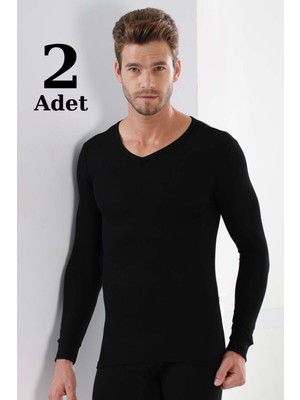 Marmara Qumasch 2'li Paket Erkek Badi Uzun Kollu T-Shirt V Yaka Basic %100 Pamuk Ribana Siyah - M