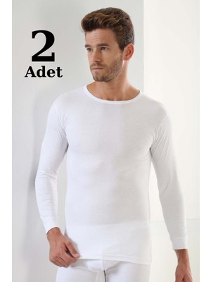 Marmara Qumasch 2'li Paket Erkek Badi Uzun Kollu T-Shirt Bisiklet Yaka Basic %100 Pamuk Ribana Beyaz - L