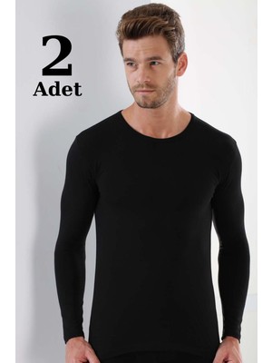 Marmara Qumasch 2'li Paket Erkek Badi Uzun Kollu T-Shirt Bisiklet Yaka Basic %100 Pamuk Ribana Siyah - S