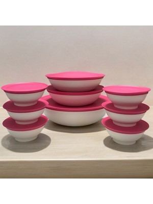 Tupperware Pembe Beyaz Berrak Mega Set 18 Parça Saklama ve Servis Kabı