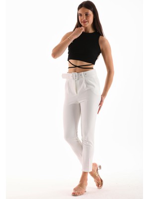 Alinda  Plazzo  Fermuarlı  Kemerli Dar Paça Cepli Pileli Esnek  Kadın  Pantolon