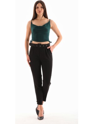 Alinda  Plazzo  Fermuarlı  Kemerli Dar Paça Cepli Pileli Esnek  Kadın  Pantolon